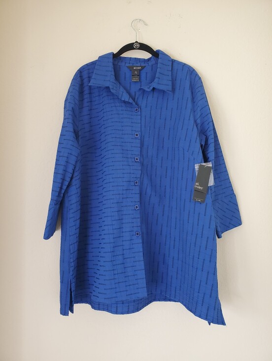 Ali Miles Tops - Ali Miles Sz XL Blue & Black Stripe Textured  Button Up 3/4 Sleeves Tunic Top
